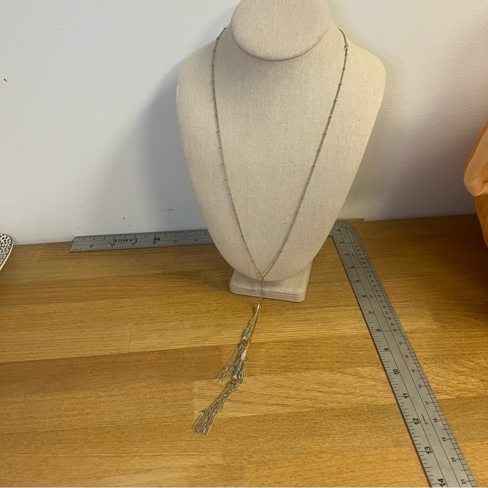 Loft gold tone long lanyard metallic tassel beaded necklace